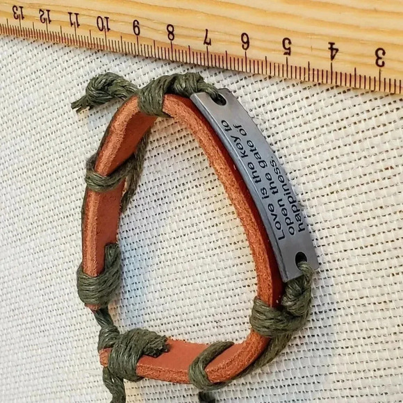 Handmade Brown Green Love is The Key Leather Silver Pewter Adjustable Bracelet - Picture 5 of 6